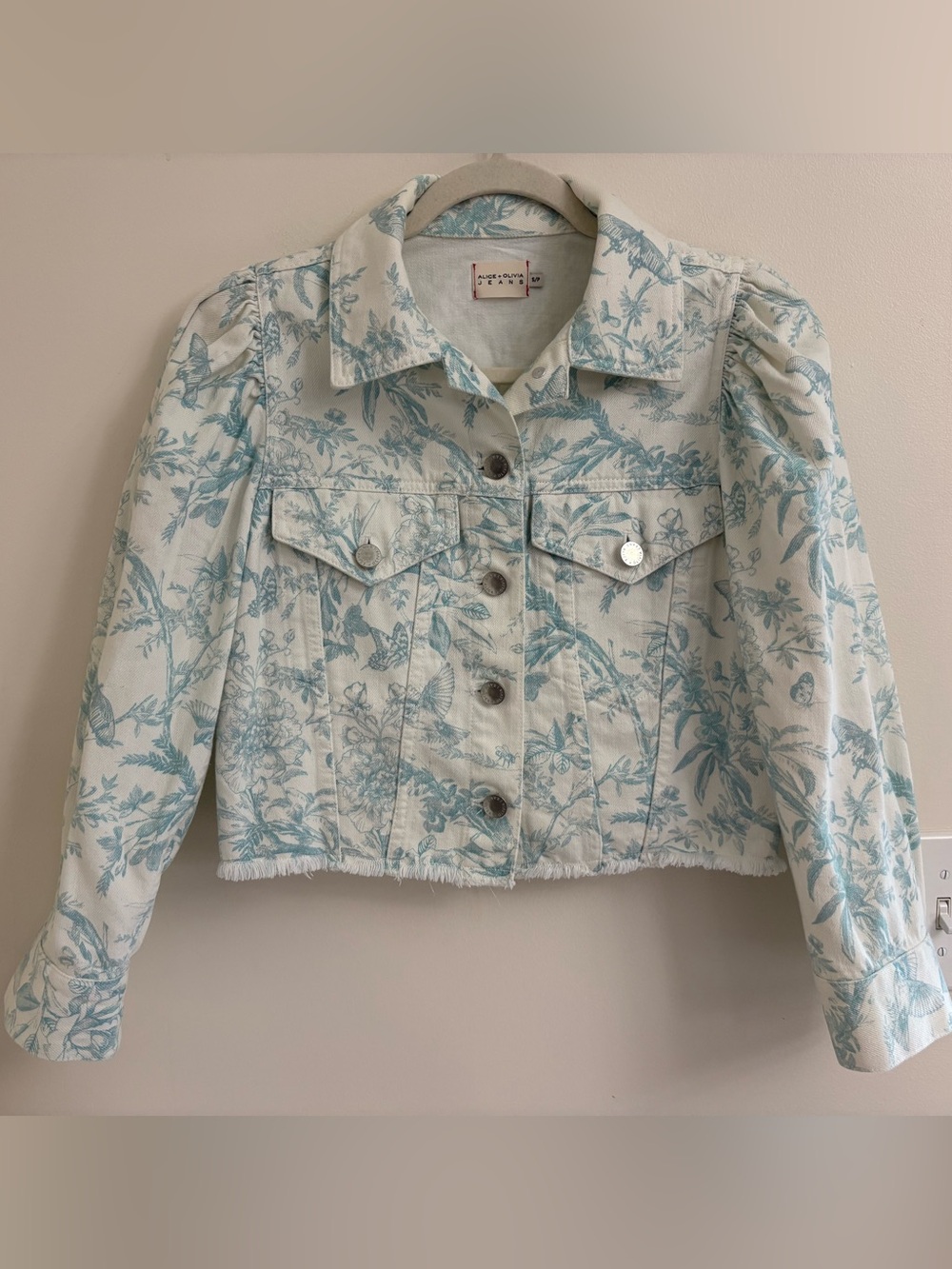 Alice + Olivia Lana Toile Puff Sleeve Cropped Denim Jacket S Cottagecore Bttrfly - Picture 3 of 12